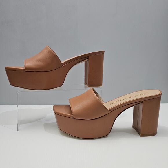 Stuart Weizman Squarehigh 95 Platform Sandal 10 Tan Leather Square Toe Heel - Picture 2 of 13